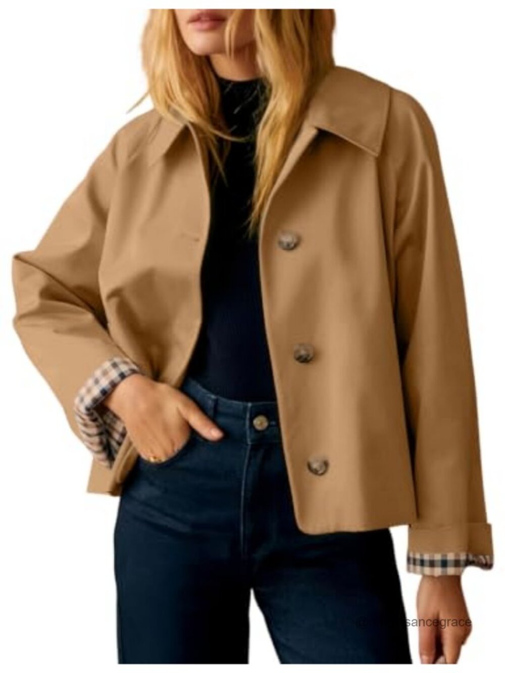 Women's Cropped Trench Coat Plaid Lining Button Down Casual Jacket